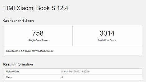 Компактный ноутбук Xiaomi Book S 12.4" появился на Geekbench и получил сертификацию Bluetooth SIG
