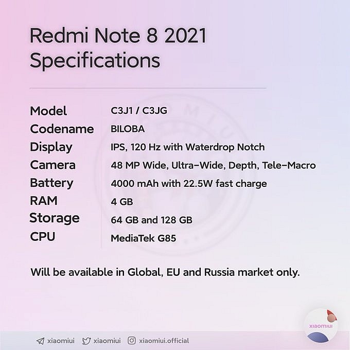 Xiaomi Redmi Note 8 (2021): дисплей 120 Гц, 48 Мп камера, процессор MediaTek Helio G85 и батарея 4000 мА/ч