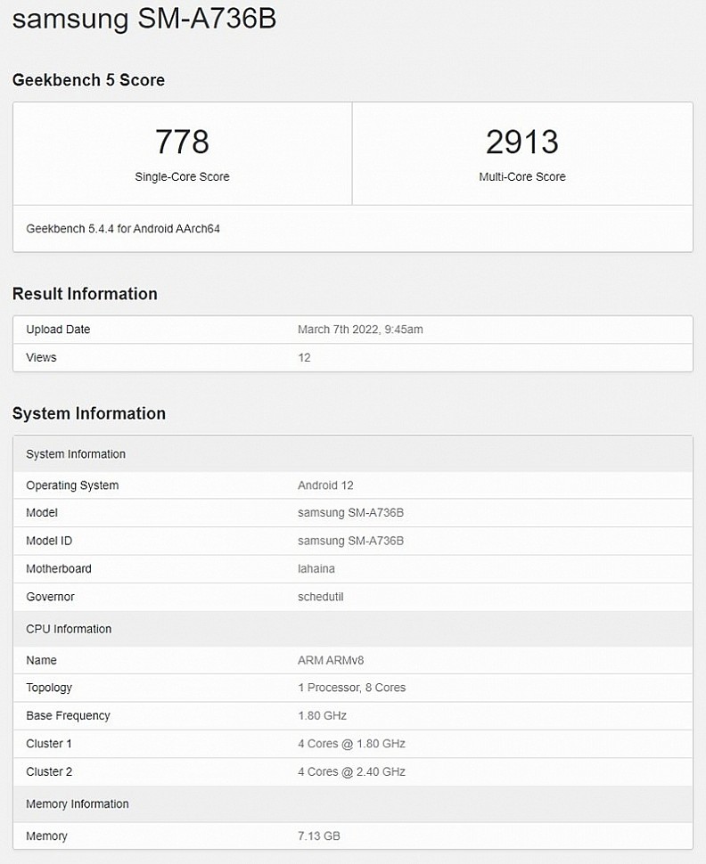 Данные о Samsung Galaxy A73 5G с ресурса Geekbench версии 5