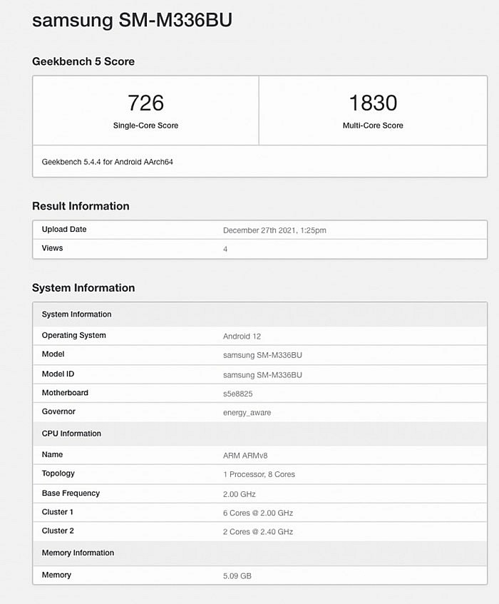 Информация с Geekbench v5 о Samsung Galaxy M33 5G