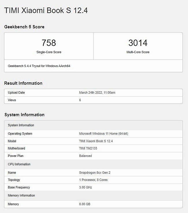 Информация о предстоящем ноутбуке Xiaomi Book S 12.4 с сайта Geekbench