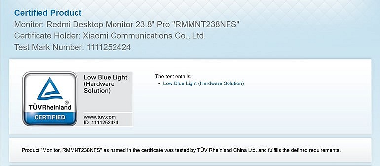 Предстоящий дисплей Xiaomi Redmi 1A Pro получил сертификат TUV Rheinland "Low Blue Light"