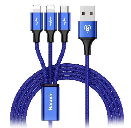 Кабель 3 в 1 Baseus MVP 3-in-1 Mobile game Cable USB For M+L+T 3.5A 120см (Blue) CAMLT-WZ03