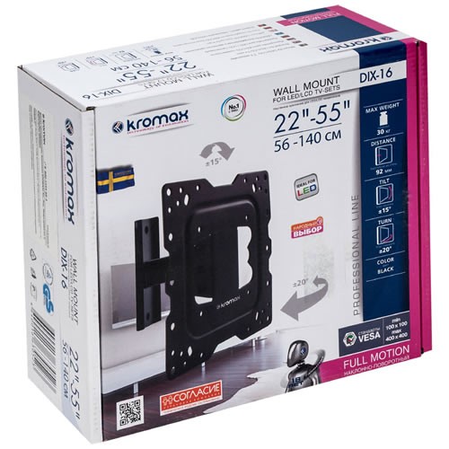 Кронштейн для ТВ Kromax DIX-16 до 30кг Vesa 400x400 22-55" Black (Черный)