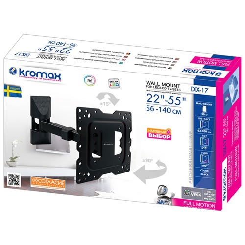 Кронштейн для ТВ Kromax DIX-17 до 40кг Vesa до 400x400 22-55" Black (Черный) Кронштейн для ТВ Kromax DIX-17 до 40кг Vesa до 400x400 22-55" Black (Черный)