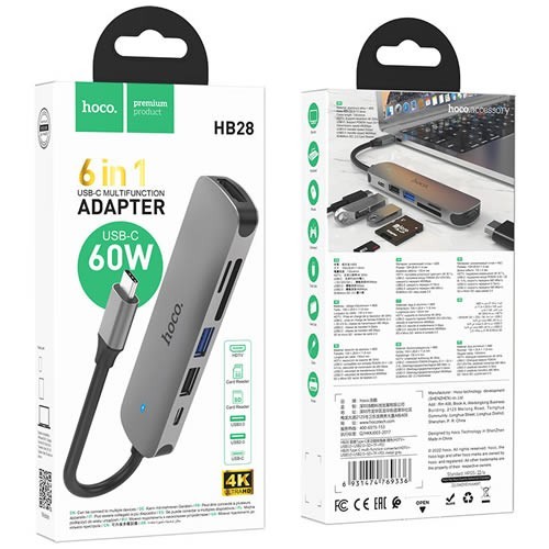Хаб 6 в 1 HOCO HB28 USB 2.0, 1 USB 3.0, Type-C, Card Reader SD, Micro SD, HDMI Grey (Серый металл) Хаб 6 в 1 HOCO HB28 USB 2.0, 1 USB 3.0, Type-C, Card Reader SD, Micro SD, HDMI Grey (Серый металл)