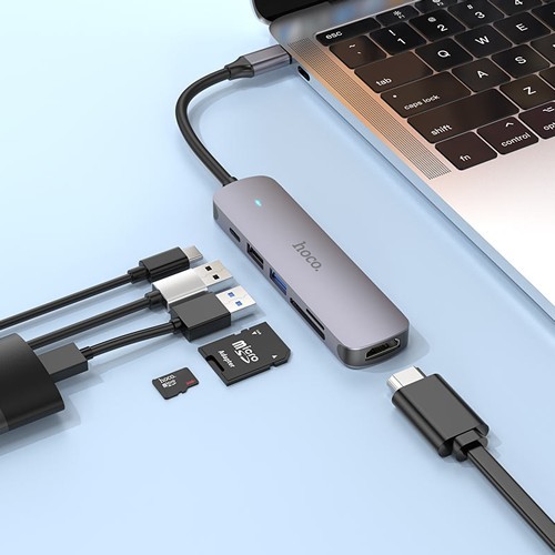 Хаб 6 в 1 HOCO HB28 USB 2.0, 1 USB 3.0, Type-C, Card Reader SD, Micro SD, HDMI Grey (Серый металл) Хаб 6 в 1 HOCO HB28 USB 2.0, 1 USB 3.0, Type-C, Card Reader SD, Micro SD, HDMI Grey (Серый металл)