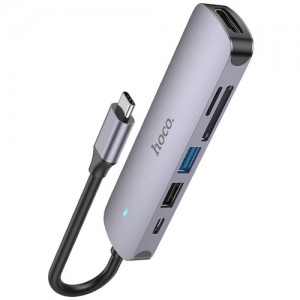 Хаб 6 в 1 HOCO HB28 USB 2.0, 1 USB 3.0, Type-C, Card Reader SD, Micro SD, HDMI Grey (Серый металл)  (13876)