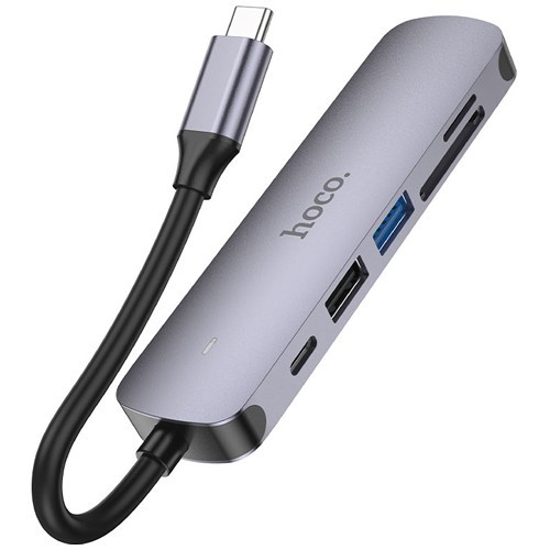 Хаб 6 в 1 HOCO HB28 USB 2.0, 1 USB 3.0, Type-C, Card Reader SD, Micro SD, HDMI Grey (Серый металл) Хаб 6 в 1 HOCO HB28 USB 2.0, 1 USB 3.0, Type-C, Card Reader SD, Micro SD, HDMI Grey (Серый металл)