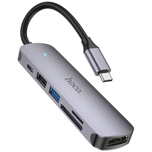 Хаб 6 в 1 HOCO HB28 USB 2.0, 1 USB 3.0, Type-C, Card Reader SD, Micro SD, HDMI Grey (Серый металл) Хаб 6 в 1 HOCO HB28 USB 2.0, 1 USB 3.0, Type-C, Card Reader SD, Micro SD, HDMI Grey (Серый металл)