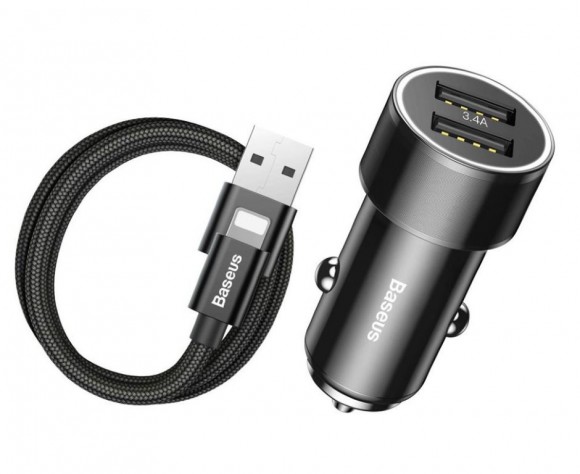 Автомобильное зарядное устройство Baseus Small Screw 3.4A Dual-USB iP Lightning (Black) TZXLD-A01