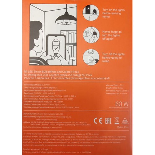 Упаковка светодиодных ламп 2 шт Xiaomi Mi LED Smart Bulb 2-Pack MJDP02YL, E27, 10Вт EAC Упаковка светодиодных ламп 2 шт Xiaomi Mi LED Smart Bulb 2-Pack MJDP02YL, E27, 10Вт EAC